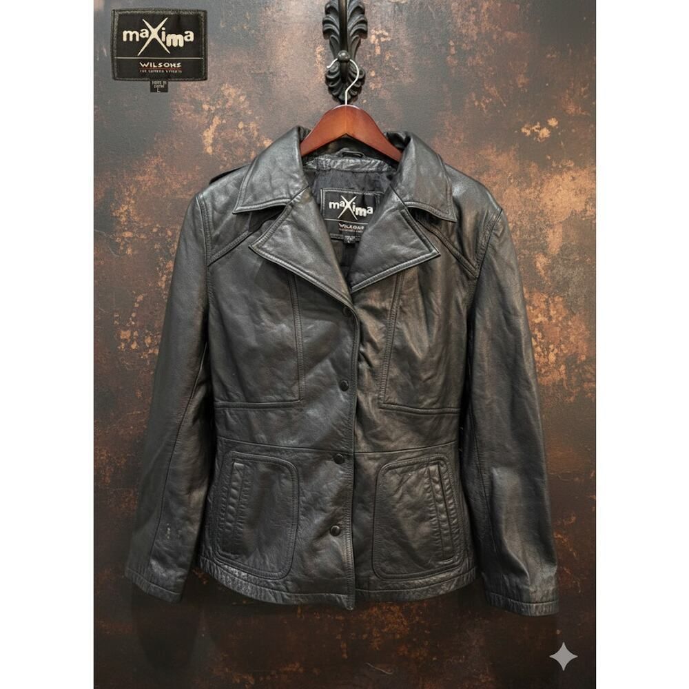 Vintage Maxima Wilsons Women’s Black Leather Snap Tailored Coat Jacket L Large